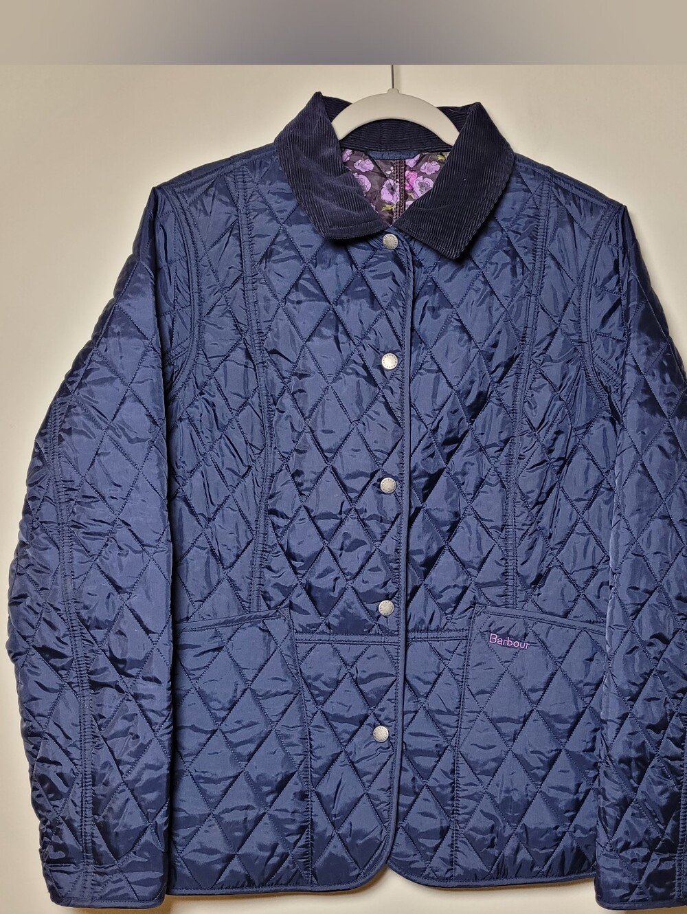Barbour Women's Navy Quilted Puffer Jacket Corduroy Collar Size 12 Floral Lined